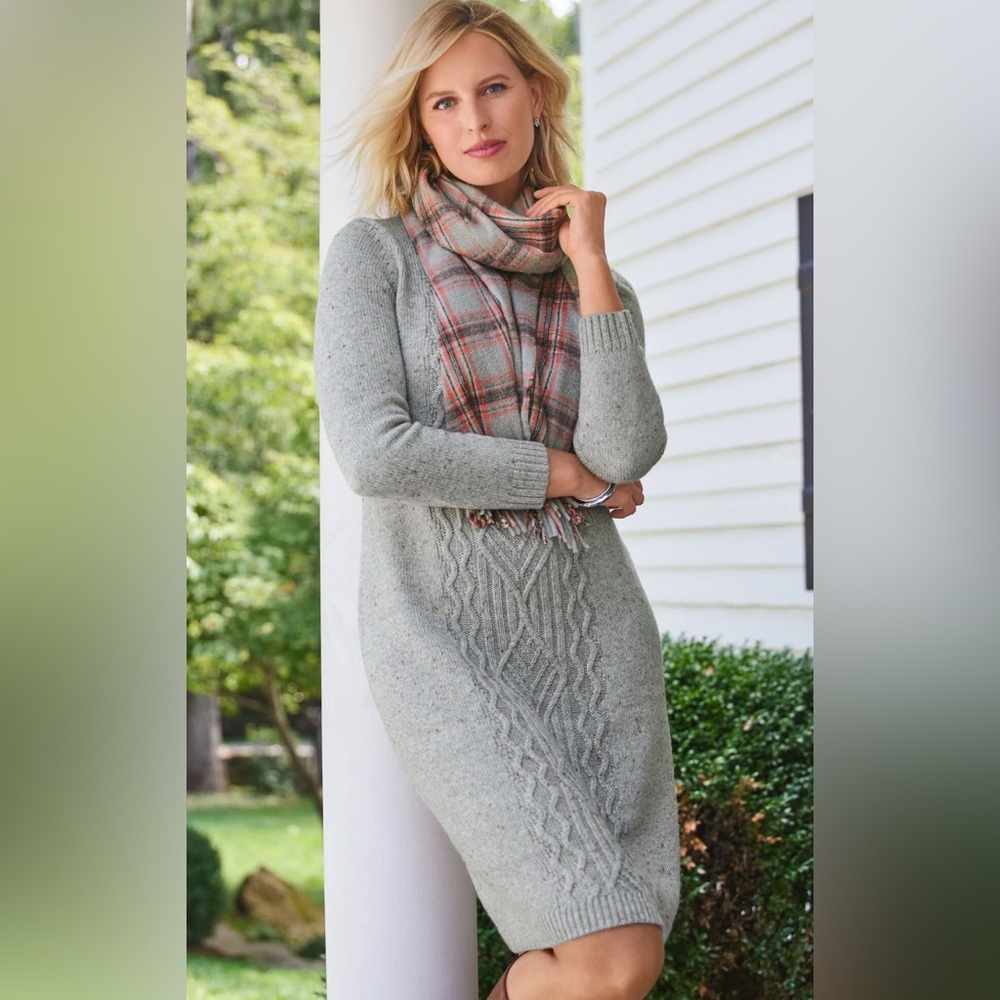 Talbots Gray Cable Knit Long Sleeve Sweater Dress w Rainbow Flecks, small